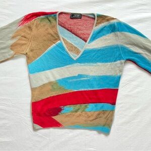 Vintage Versace Couture Colorful Long Sleeve knit V Neck SS 2001 Red Blue Knit S